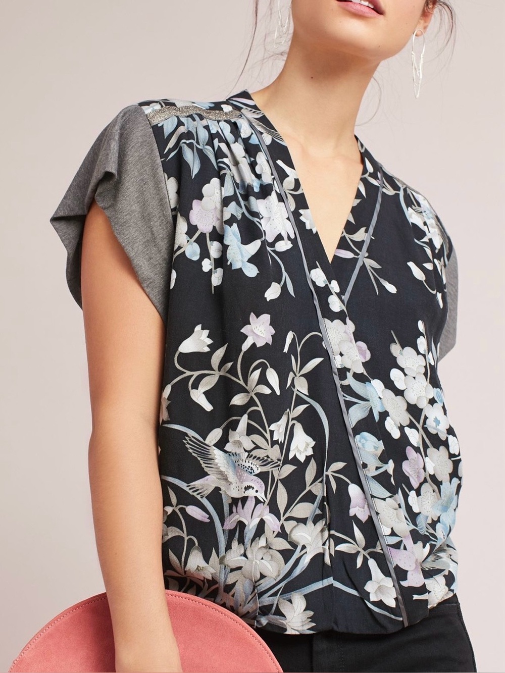 Black Floral V-Neck Wrap Blouse with Grey Cap Sleeves